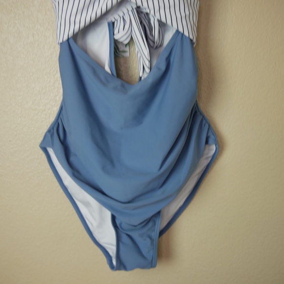 Eomenie Tummy Control Blue Striped Womens Large One Piece Sexy Cutout Swimsuit - Picture 9 of 12